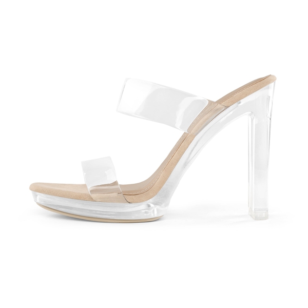 Clear Strap Block Heel Sandals - NUDE CLEAR - 1